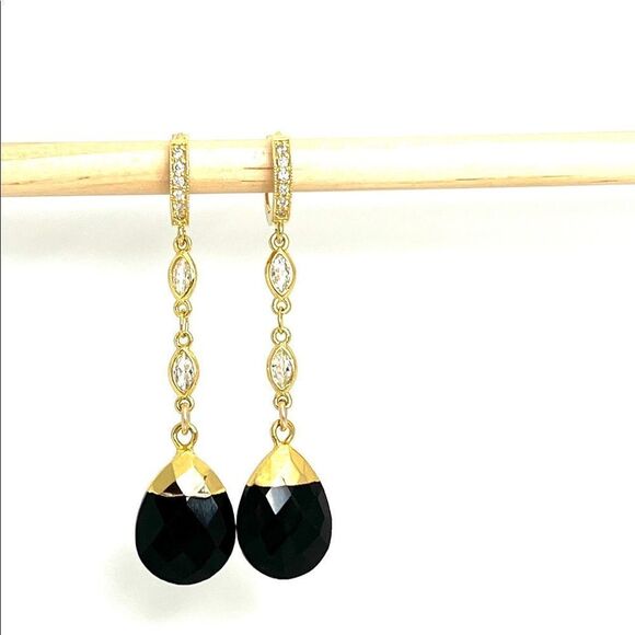 Gold huggie hoop womens statement earrings long dangle drop chain black onyx - Picture 1 of 4